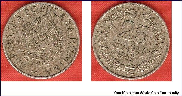 Peoples Republic
25 bani
with star at top of arms
legends: ROMINA
copper-nickel