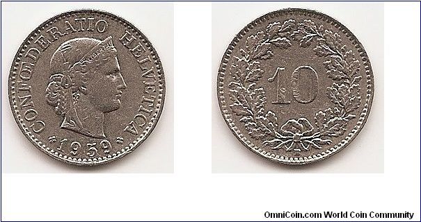 10 Rappen
KM#27
3.0000 g., Copper-Nickel, 19.1 mm. Obv: Crowned head right Obv.Leg.: CONFOEDERATIO HELVETICA Rev: Value within wreath
Edge: Plain