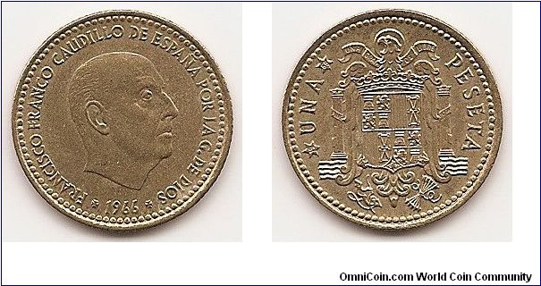 1 Peseta
KM#796
Aluminum-Bronze, 21 mm. Ruler: Caudillo and regent Obv:
Head right Rev: Crowned shield within eagle flanked by pillars
with banner Edge: Reeded Note: Mint mark: 6-pointed star.