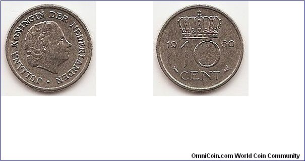 10 Cents
KM#182
1.5000 g., Nickel, 15 mm. Ruler: Juliana Obv: Head right Rev:
Crowned value divides date Edge: Reeded