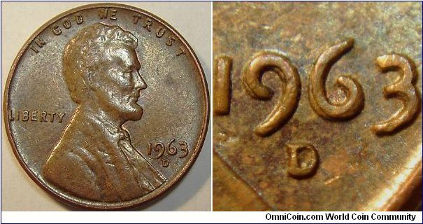 1963D Lincoln Cent, Doubled/Tripled Die Obverse, Class 4 and 8, Doubling of the date and tripling of Bar under L in Liberty