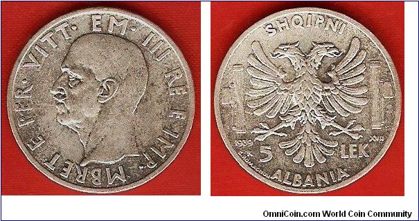 Italian occupation
5 lek
Victor Emanuel III king and emperor
0.835 silver