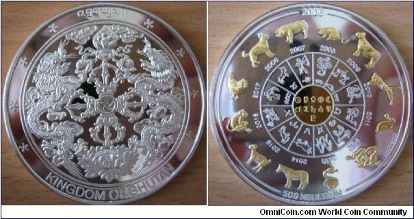 500 Ngultrum - Zodiac signs - 62.2 g (2 oz) Ag 999 Proof (partially gold plated) - mintage 999 pcs only !