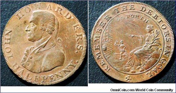 Somerset-Bath 1/2 penny token.  John Howard F.R.S.
Rev. REMEMBER THE DEBTORS IN GAOL. GO FORTH. 28MM BRONZE.