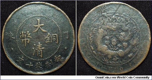 10 Cash, Copper. Ruler: Kuang-hsu. Obv: Without dots. Obv. Insc: Taiching T'ung-pi. Rev: Dragon;legend without dot after KUO. Rev. Leg: Kuang-hsu Nien-tsao TAI-CHING-TI-KUO.