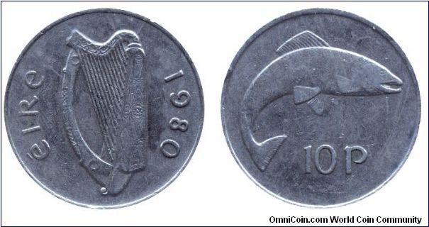 Ireland, 10 pence, 1980, Cu-Ni, Salmon, Harp.                                                                                                                                                                                                                                                                                                                                                                                                                                                                       