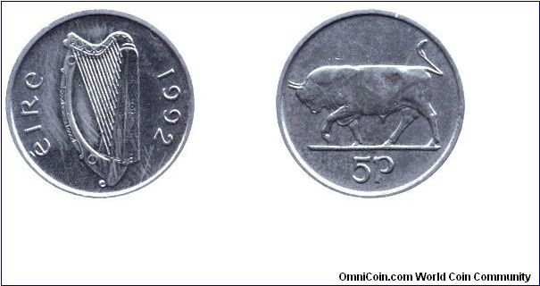 Ireland, 5 pence, 1992, Cu-Ni, Bull, Harp, smaller size.                                                                                                                                                                                                                                                                                                                                                                                                                                                            