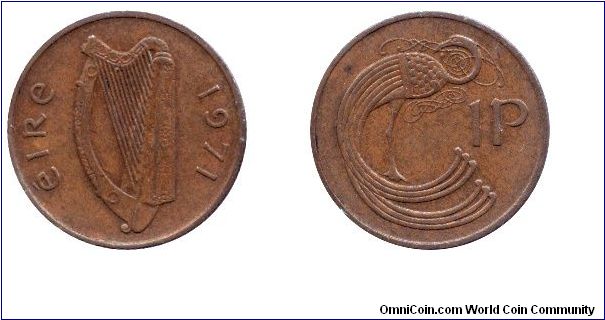 Ireland, 1 penny, 1971, Bronze, Stylized bird, Harp.                                                                                                                                                                                                                                                                                                                                                                                                                                                                