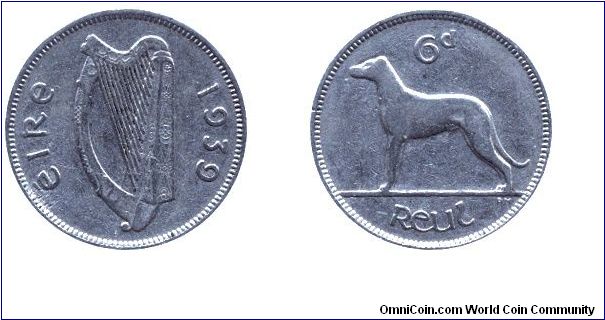Ireland, 6 pence, 1939, Ni, Irish wolfhound, Harp.                                                                                                                                                                                                                                                                                                                                                                                                                                                                  