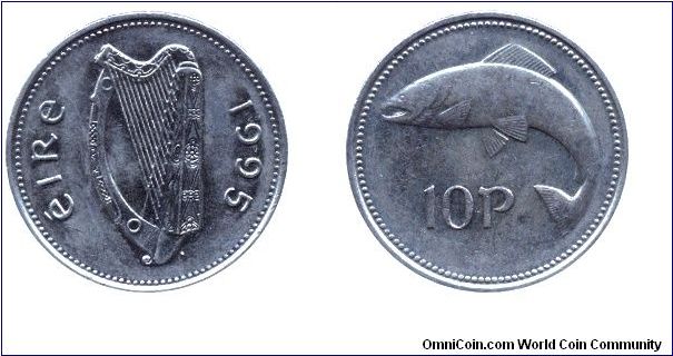 Ireland, 10 pence, 1995, Cu-Ni, Atlantic Salmon, Harp, smaller size.                                                                                                                                                                                                                                                                                                                                                                                                                                                