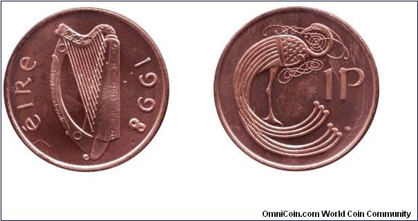 Ireland, 1 penny, 1998, Cu-Steel, Stylized Bird, Harp.                                                                                                                                                                                                                                                                                                                                                                                                                                                              