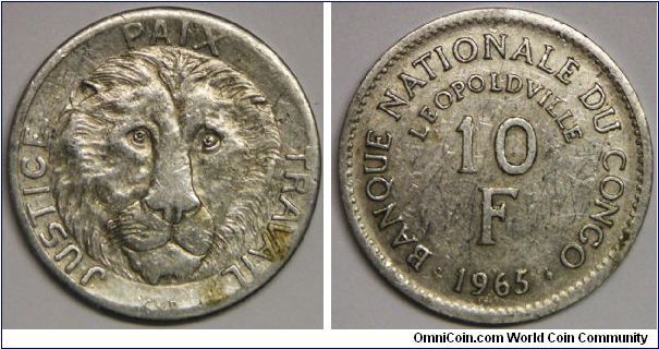 Common Coin and Uncommon Lion (Make me think about 'Common Stocks and Uncommon Profits' by Philip A Fisher..). Lovely lion face. Congo Democratic Republic (1960 - 1971), Republic, 10 Francs, 1965(b), Aluminium, 29.8mm. Note: Most recalled and melted. VF.
