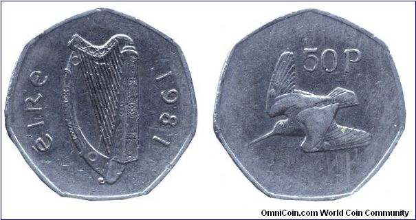 Ireland, 50 pence, 1981, Cu-Ni, Bird, Harp, edge seven sided.                                                                                                                                                                                                                                                                                                                                                                                                                                                       