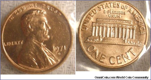 Lincoln One Cent. Uncirculated Mint Set. 1971D-Mintmark: D (for Denver, CO) below the date