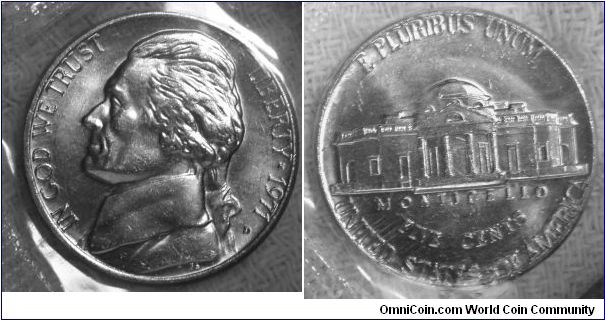 Jefferson Five Cents.Uncirculated Mint Set. 1971D-Mintmark: Small D (for Denver, Colorado) below the date on the lower right obverse