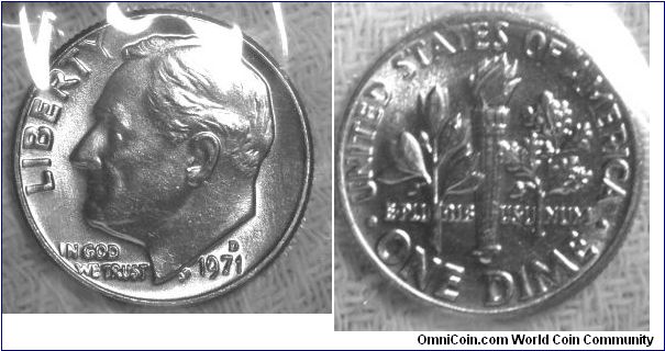 Roosevelt One Dime. Uncirculated Mint Set. 1971D-Mintmark: D (for Denver, CO) above the date