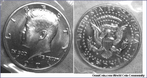 Kennedy Half Dollar. Uncirculated Mint Set. 1971D-Mintmark: D (for Denver, CO) centered above the date