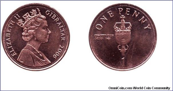 Gibraltar, 1 penny, 2006, Constitution Order 1969, Queen Elizabeth II.                                                                                                                                                                                                                                                                                                                                                                                                                                              