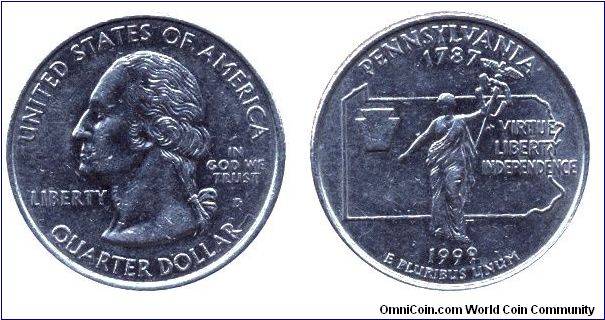 USA, 1/4 dollar, 1999, Cu-Ni, Pennsylvania - 1787, Virtus, Liberty, Independence, George Washington, Mint Mark: D                                                                                                                                                                                                                                                                                                                                                                                                   