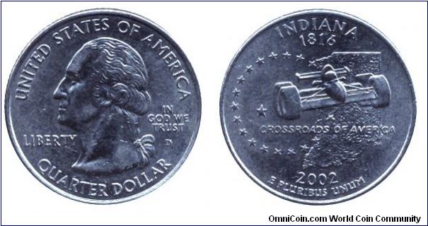 USA, 1/4 dollar, 2002, Cu-Ni, Indiana - 1816, Crossroads of America, Washington, MM: D                                                                                                                                                                                                                                                                                                                                                                                                                              