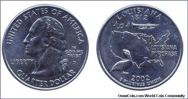 USA, 1/4 dollar, 2002, Cu-Ni, Louisiana - 1812, Louisiana Purchase, George Washington, MM: D.                                                                                                                                                                                                                                                                                                                                                                                                                       