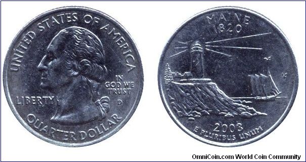 USA, 1/4 dollar, 2003, Cu-Ni, Maine - 1820, Washington, MM: D.                                                                                                                                                                                                                                                                                                                                                                                                                                                      