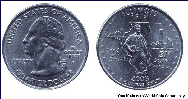 USA, 1/4 dollar, 2003, Cu-Ni, Illionis - 1818, Land of Lincoln, 21st State Century, George Washington, MM: D.                                                                                                                                                                                                                                                                                                                                                                                                       