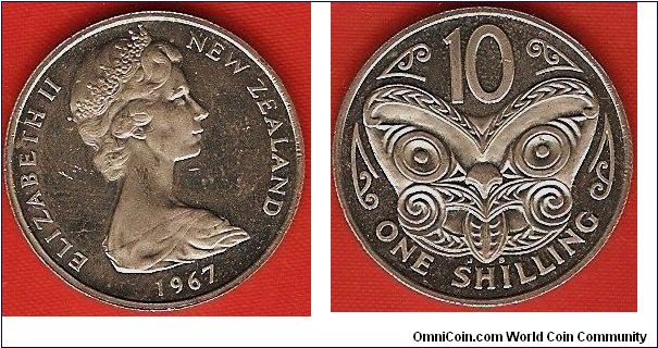 prooflike transition coin, showing the denomination in old, shilling, and new currency, 10 cents
Maori mask
effigy of Elizabeth II by Arnold Machin
copper-nickel