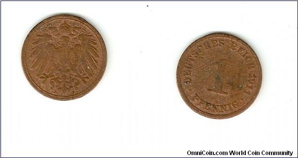 Germany 1 Pfennig 
Large eagle on reverse
Copper, Weight 2.0 g
Diameter 17.5 mm
Currency until 28.2.1942