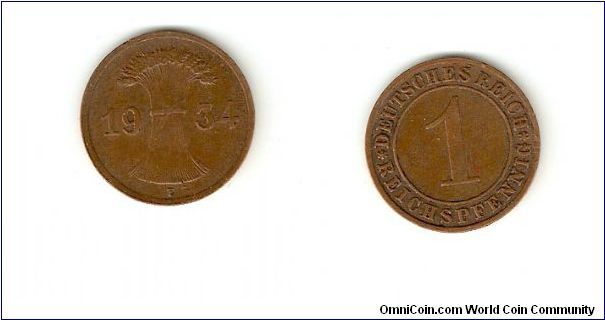 Germany 1 Reichspfennig 
Copper, Weight 2 g 
Diameter 17.5 mm