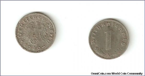 Germany 1 Pfennig 
Eagle with Swastica, Zinc
Weight 1.8g, Diameter 17 mm
Currency until 31.8.1948