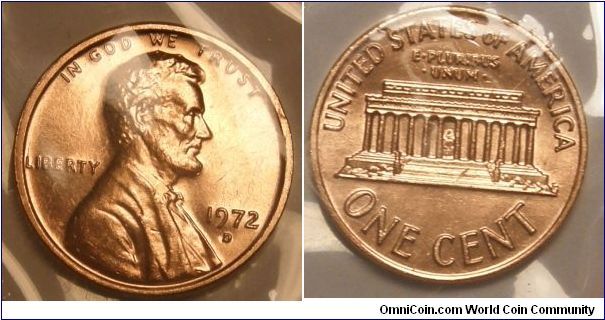 Lincoln One Cent. Uncirculated Mint Set.1972D-Mintmark: D (for Denver, CO) below the date