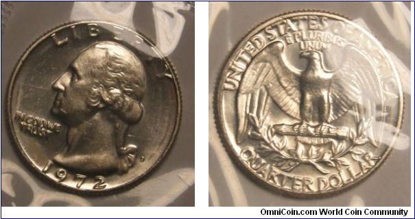 Washington Quarter Dollar. Uncirculated Mint Set. 1972D-Mintmark: D (for Denver, CO) on the obverse just right of the ribbon