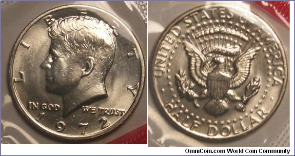 Kennedy Half Dollar. Uncirculated Mint Set. 1972D-Mintmark: D (for Denver, CO) centered above the date