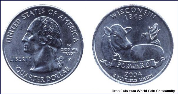 USA, 1/4 dollar, 2004, Cu-Ni, Wisconsin - 1848, Forward, George Washington, MM: P.                                                                                                                                                                                                                                                                                                                                                                                                                                  
