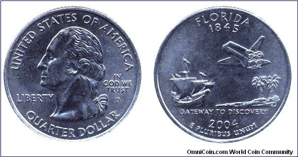 USA, 1/4 dollar, 2004, Cu-Ni, Florida, 1845, Gateway to Discovery, George Washington, MM: D.                                                                                                                                                                                                                                                                                                                                                                                                                        