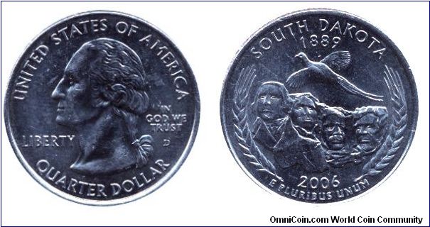 USA, 1/4 dollar, 2006, Cu-Ni, South Dakota - 1889, George Washington, MM: D.                                                                                                                                                                                                                                                                                                                                                                                                                                        