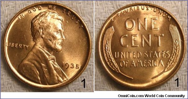 Lincoln/ Wheat Penny,Die Crack in the right wheatstalk .
1935-Mintmark: None (for Philadelphia, PA) below the date
Found in two boxes of pennies
7 of 10 Pennies