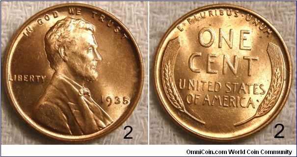 Lincoln/ Wheat Penny,Die Crack in the right wheatstalk .
1935-Mintmark: None (for Philadelphia, PA) below the date
Found in two boxes of pennies
8 of 10 Pennies