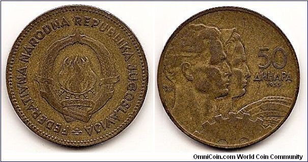 50 Dinara -Federal People's Republic-
KM#35
Aluminum-Bronze, 25.5 mm. Obv: State emblem Rev: Two jugate heads right, cogwheel below Edge: Milled