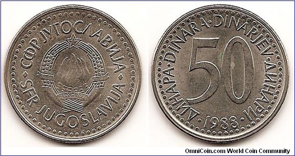 50 Dinara -Socialist Federal Republic-
KM#113
Copper-Zinc-Nickel, 27 mm. Obv: State emblem Rev: Denomination Edge: Milled