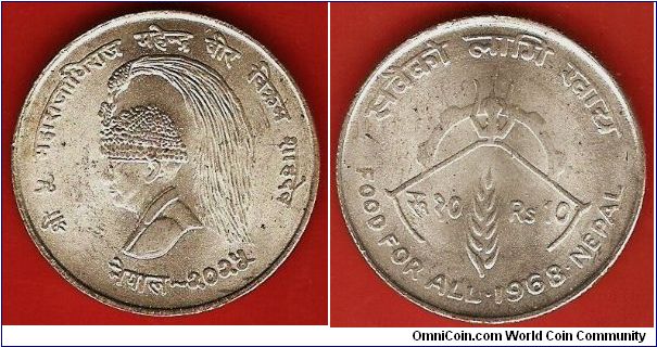 10 rupees
FAO-issue Food for all
VS2025 (=1968)
King Mahendra Bir Bikram
0.600 silver
