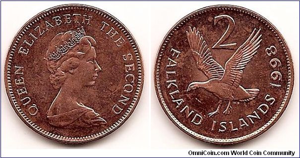 2 Pence
KM#3a
Copper Plated Steel, 25.9 mm. Ruler: Elizabeth II Obv: Young bust right Rev: Upland goose, wings open, denomination above, date at right