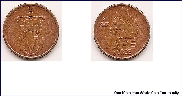 1 Ore
KM#403
2.0000 g., Bronze, 11 mm. Ruler: Olav V Obv: Crowned monogram Rev: Squirrel and value Note: Varieties exist.