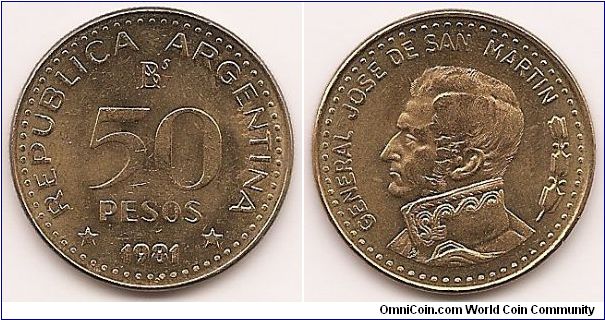 50 Pesos
KM#83a
7.3000 g., Brass Clad Steel, 26.3 mm. Obv: Value, date below Rev: Jose de San Martín portrait right Edge:Reeded