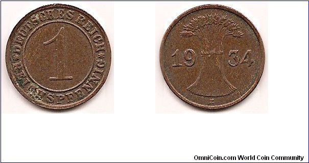 1 Reichspfennig -Weimar Republic -
KM#37
2.0000 g., Bronze Obv: Denomination within circle Rev: Wheat sheaf divides date