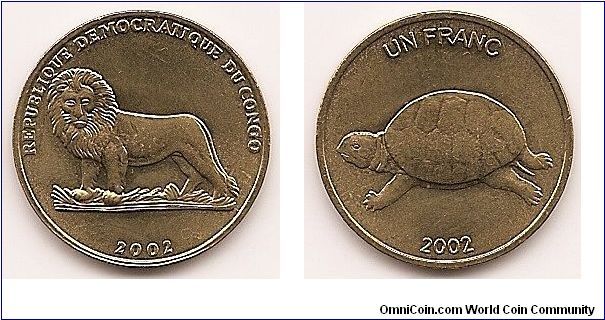 1 Franc -Democratic Republic-
KM#81
4.5700 g., Brass, 20.31 mm. Obv: Lion left Rev: Turtle Edge: Plain