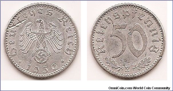 50 Reichspfennig -Third Reich-
KM#96
1.3400 g., Aluminum Obv: Imperial eagle above swastika within wreath Rev: Denomination, oak leaves below