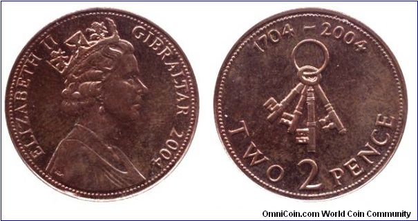 Gibraltar, 2 pence, 2004, Keys, 1704-2004, Queen Elizabeth II.                                                                                                                                                                                                                                                                                                                                                                                                                                                      