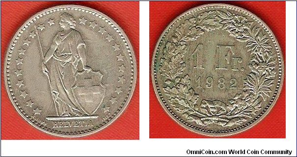 1 franc
medal alignment
22 stars around figure of Helvetia
copper-nickel